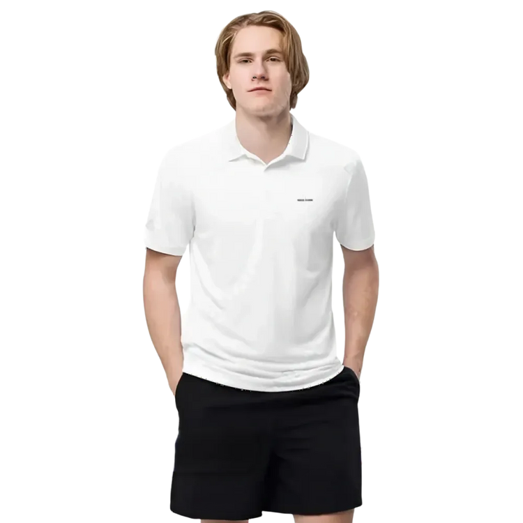 Weißes Adidas Unisex Poloshirt, atmungsaktiv und schnelltrocknend, frontansicht, in Größe S bis 2XL, für sportlichen Komfort.