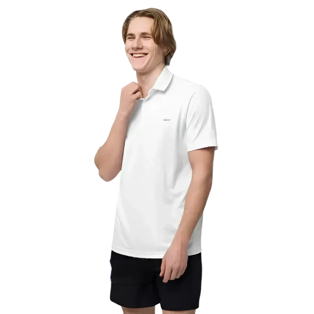 Weißes Adidas Unisex Poloshirt aus Polyester, atmungsaktiv, sportlich, links vorne Ansicht, für S bis 2XL.