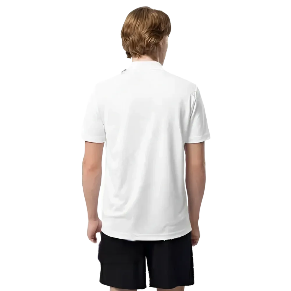 Weißes Adidas Unisex Poloshirt aus Polyester mit atmungsaktivem Stoff, Rückenansicht, sportliches Design, Größen S bis 2XL.