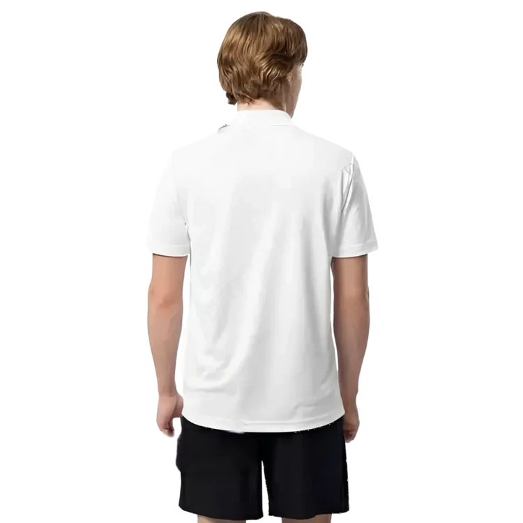 Weißes Adidas Unisex Poloshirt aus Polyester mit atmungsaktivem Stoff, Rückenansicht, sportliches Design, Größen S bis 2XL.