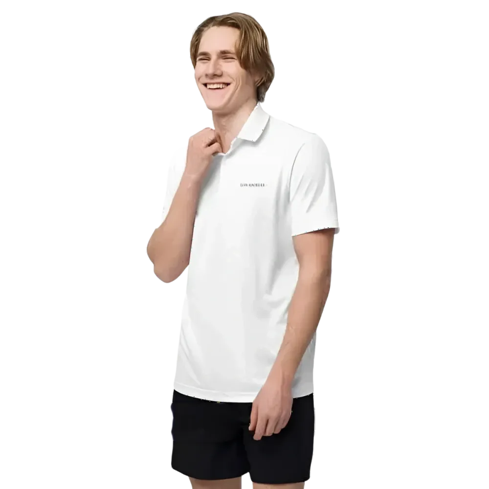 Weißes Adidas Unisex Poloshirt aus Climacool Polyester, vorne links mit Reißverschluss, in Größe S bis 2XL, Blick auf die linke Vorderseite