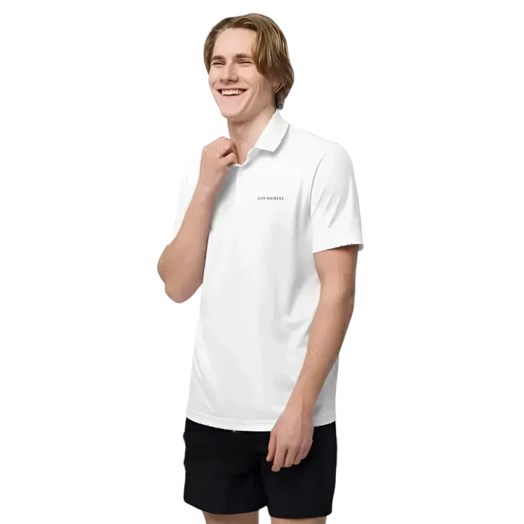 Weißes Adidas Unisex Poloshirt aus Climacool Polyester, vorne links mit Reißverschluss, in Größe S bis 2XL, Blick auf die linke Vorderseite