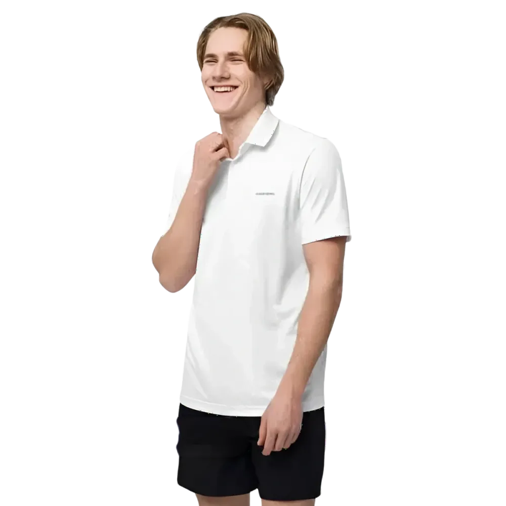 Weißes Adidas Unisex Poloshirt aus Polyester, schnelltrocknend, links vorne, sportliches Design, für S bis 2XL Größe.