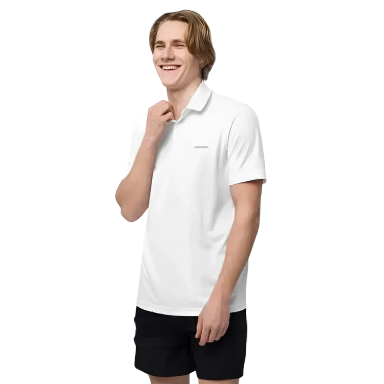 Weißes Adidas Unisex Poloshirt aus Polyester, schnelltrocknend, links vorne, sportliches Design, für S bis 2XL Größe.