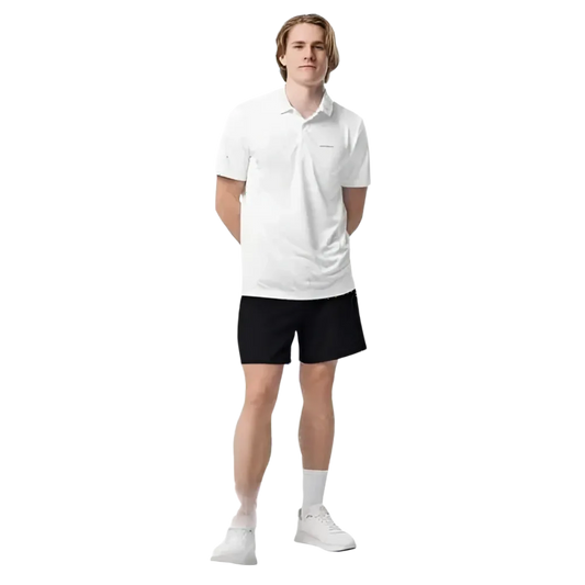 Weißes Adidas Unisex Poloshirt aus Polyester, schnelltrocknend, sportlich, mit Knopfleiste und adidas Logo auf der Brust.