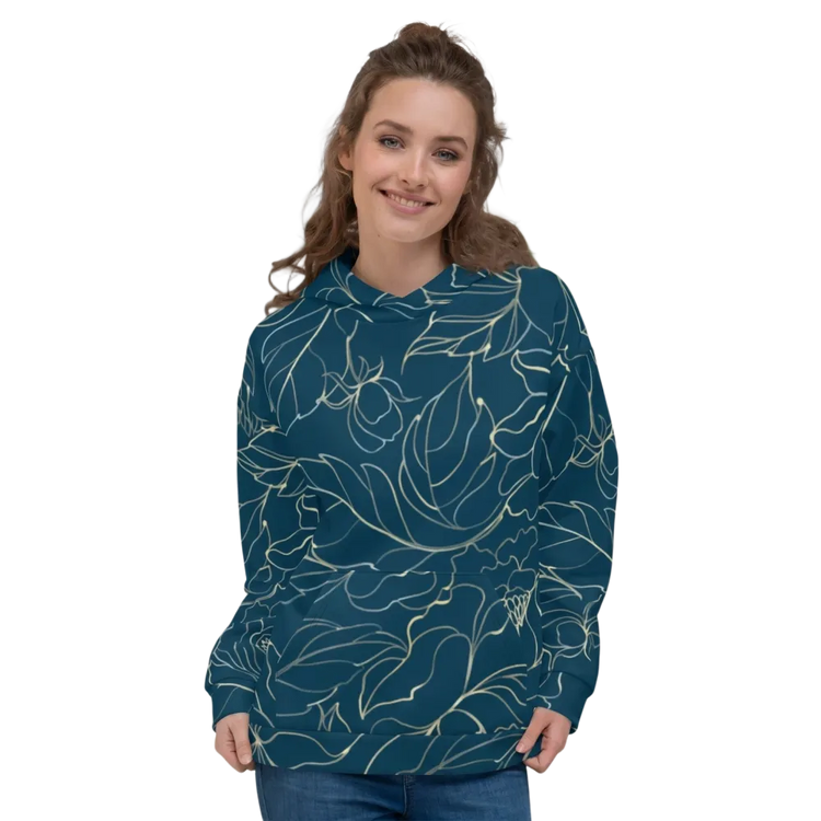Damen Hoodie mit Allover-Blattmuster in XS bis 3XL, bequemer Unisex Kapuzenpullover von BUYATHOME24 mit floralen Druck.