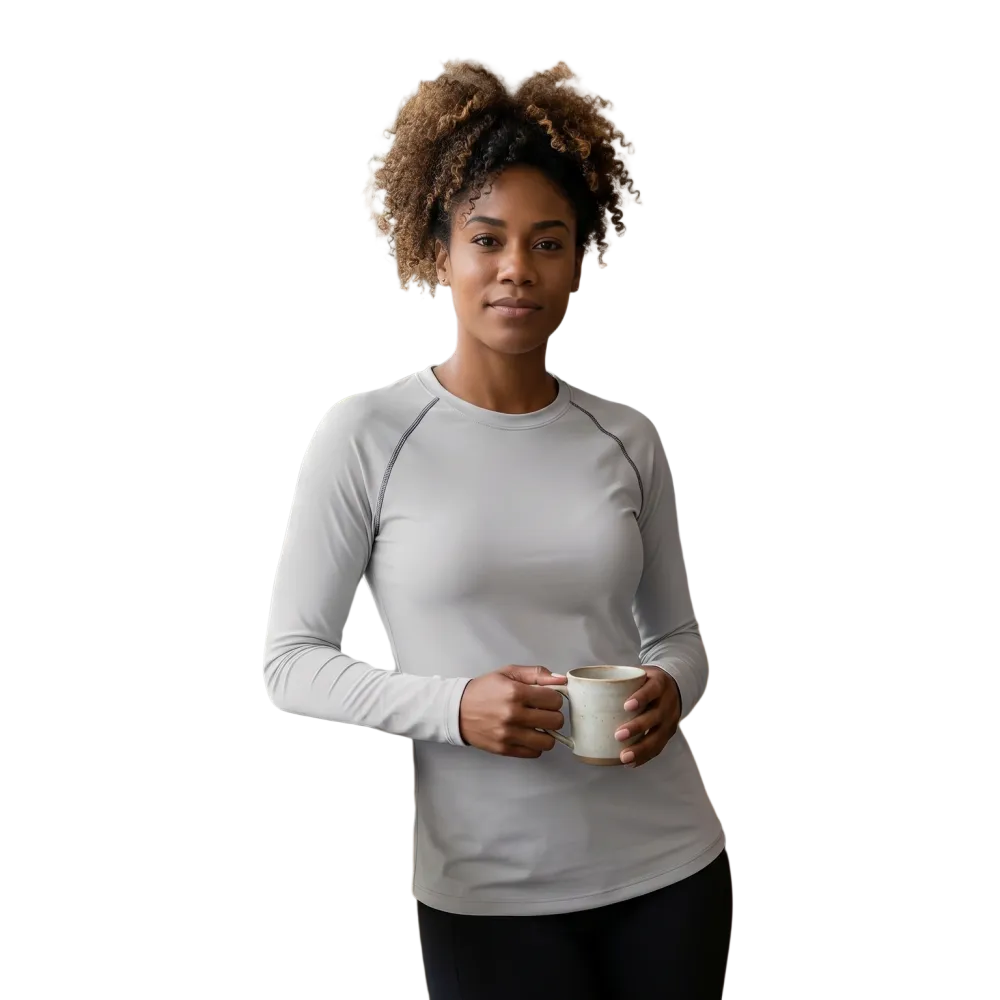 Damen Langarm-Sportshirt von BUYATHOME24, Athleisure, mit Vier-Wege-Stretch, in XS bis 3XL, bequemes Sportshirt aus Stretchstoff.