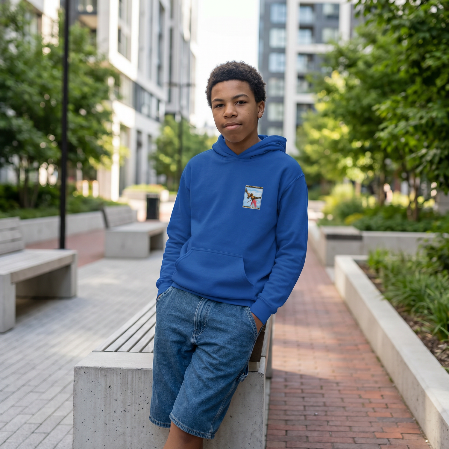Kinder Hoodie in Blau mit Dinosaurier-Grafik, Baumwolle, Unisex, für Kinder von XS bis XL, bequem und stylisch.
