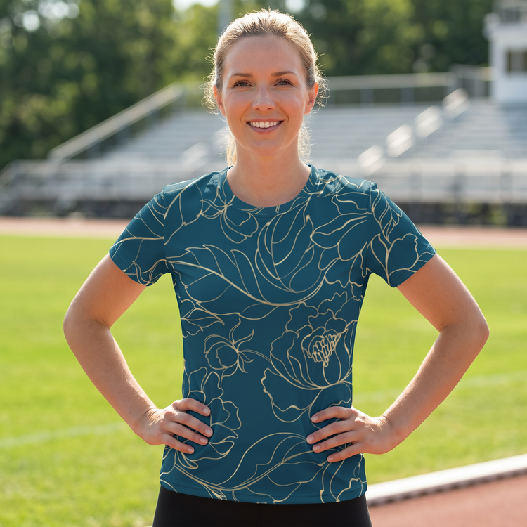 Damen Sportshirt von BUYATHOME24, Jersey-T-Shirt mit Vier-Wege-Stretch, in XS bis 2XL, bequemes Sport- und Freizeitshirt