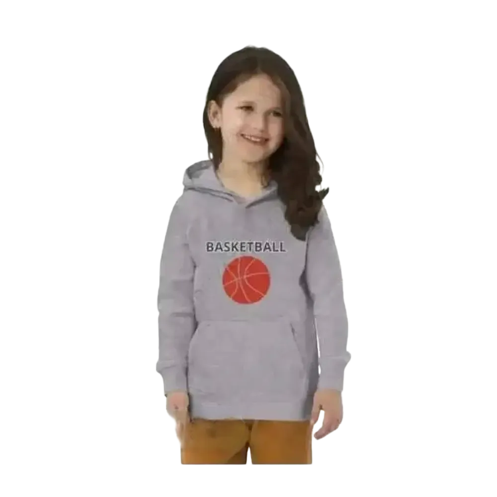 Grauer Kinder-Basketball-Hoodie aus Baumwolle, Unisex Sport Pullover mit Basketball-Grafik für 4-12 Jahre