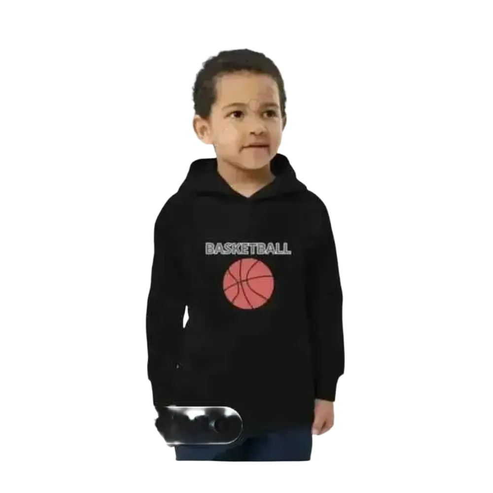 Schwarzer Kinder-Basketball Kapuzenpullover von BUYATHOME24, Unisex Sport Hoodie für Kinder von 4 bis 12 Jahren.