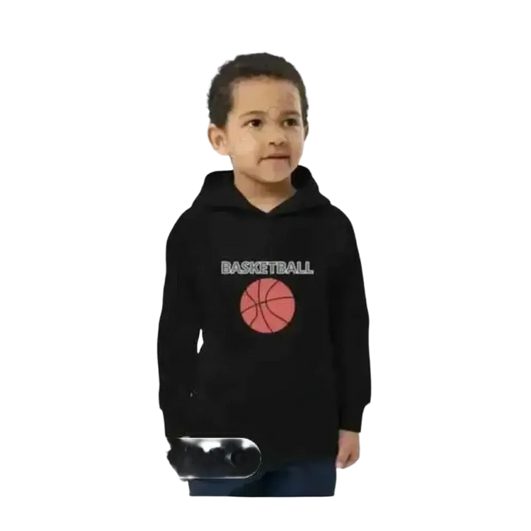 Schwarzer Kinder-Basketball Kapuzenpullover von BUYATHOME24, Unisex Sport Hoodie für Kinder von 4 bis 12 Jahren.