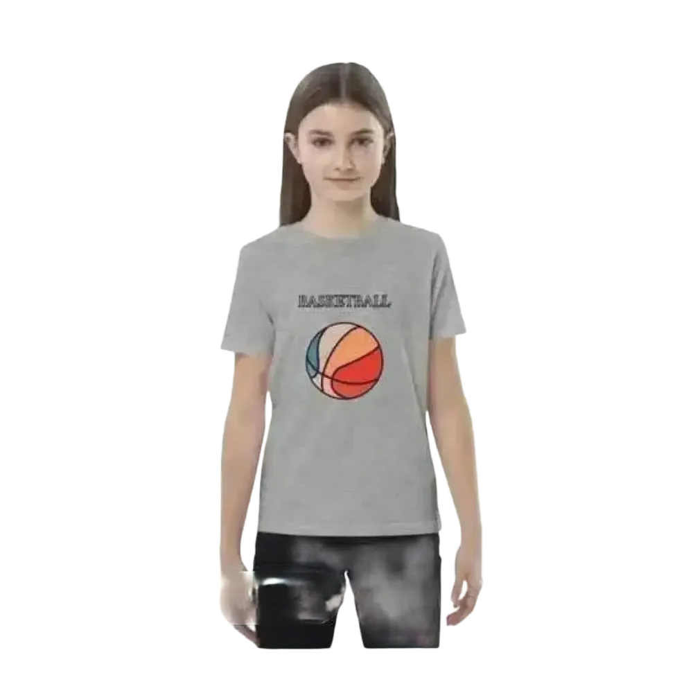 Grafik Unisex T-Shirt für Kinder, kurzärmelig, aus Baumwolle, in Heather Grau, geeignet für 3-14 Jahre, mit Basketball-Design.