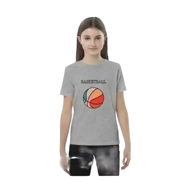 Grafik Unisex T-Shirt für Kinder, kurzärmelig, aus Baumwolle, in Heather Grau, geeignet für 3-14 Jahre, mit Basketball-Design.