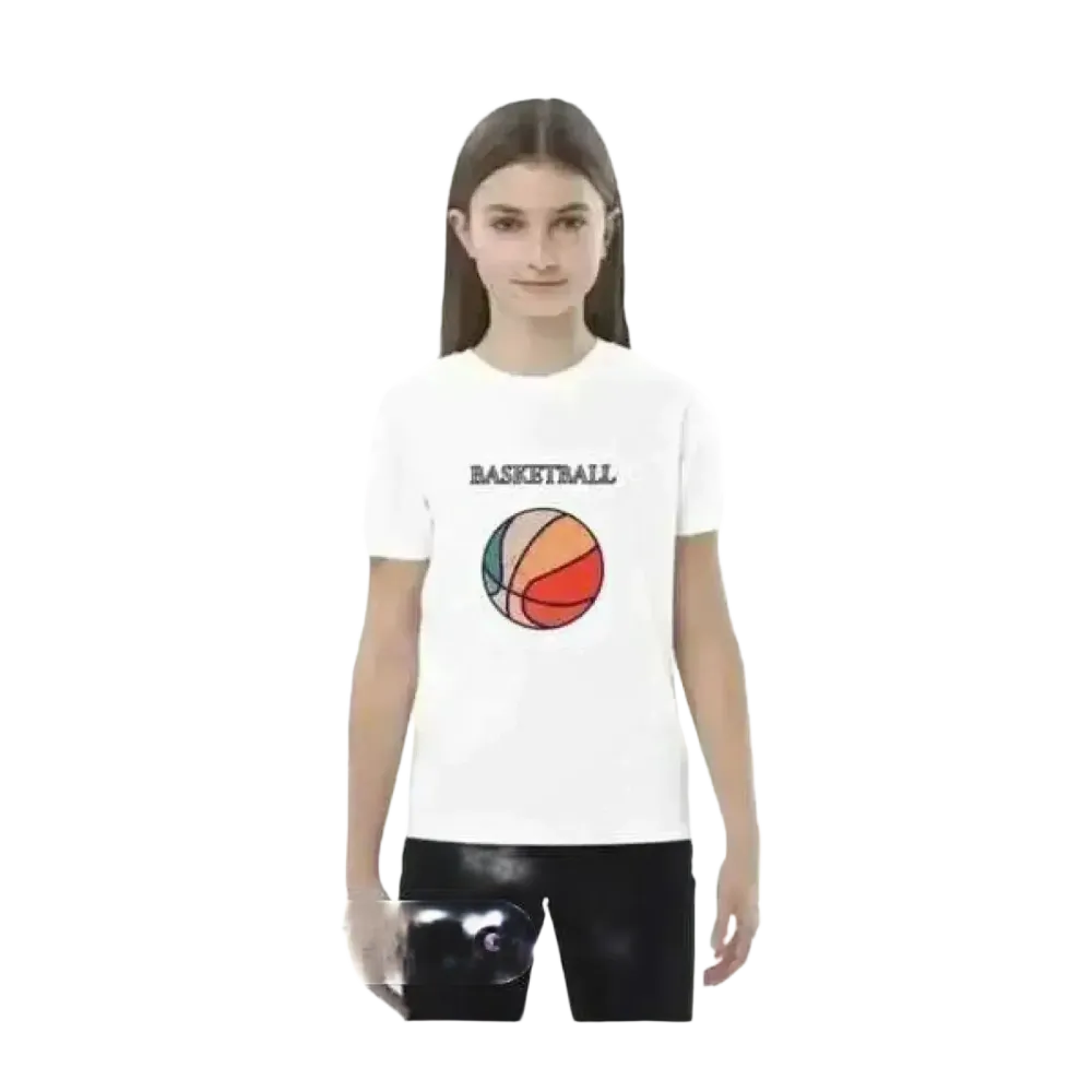 Weißes Kinder-Basketball-T-Shirt mit Grafik, Unisex Kurzarm, Baumwolle, für Mädchen und Jungen, Größe 3-14 Jahre