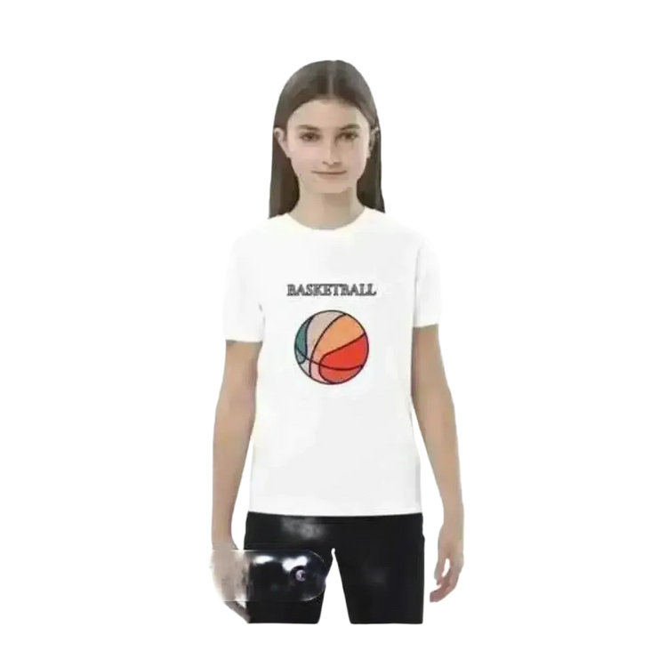 Weißes Kinder-Basketball-T-Shirt mit Grafik, Unisex Kurzarm, Baumwolle, für Mädchen und Jungen, Größe 3-14 Jahre