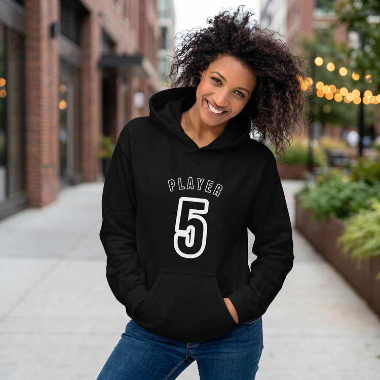 Grauer Damen Hoodie mit Player 5 Grafik, Baumwolle, bedruckbar, in S-5XL, bequemer Kapuzenpullover von BUYATHOME24