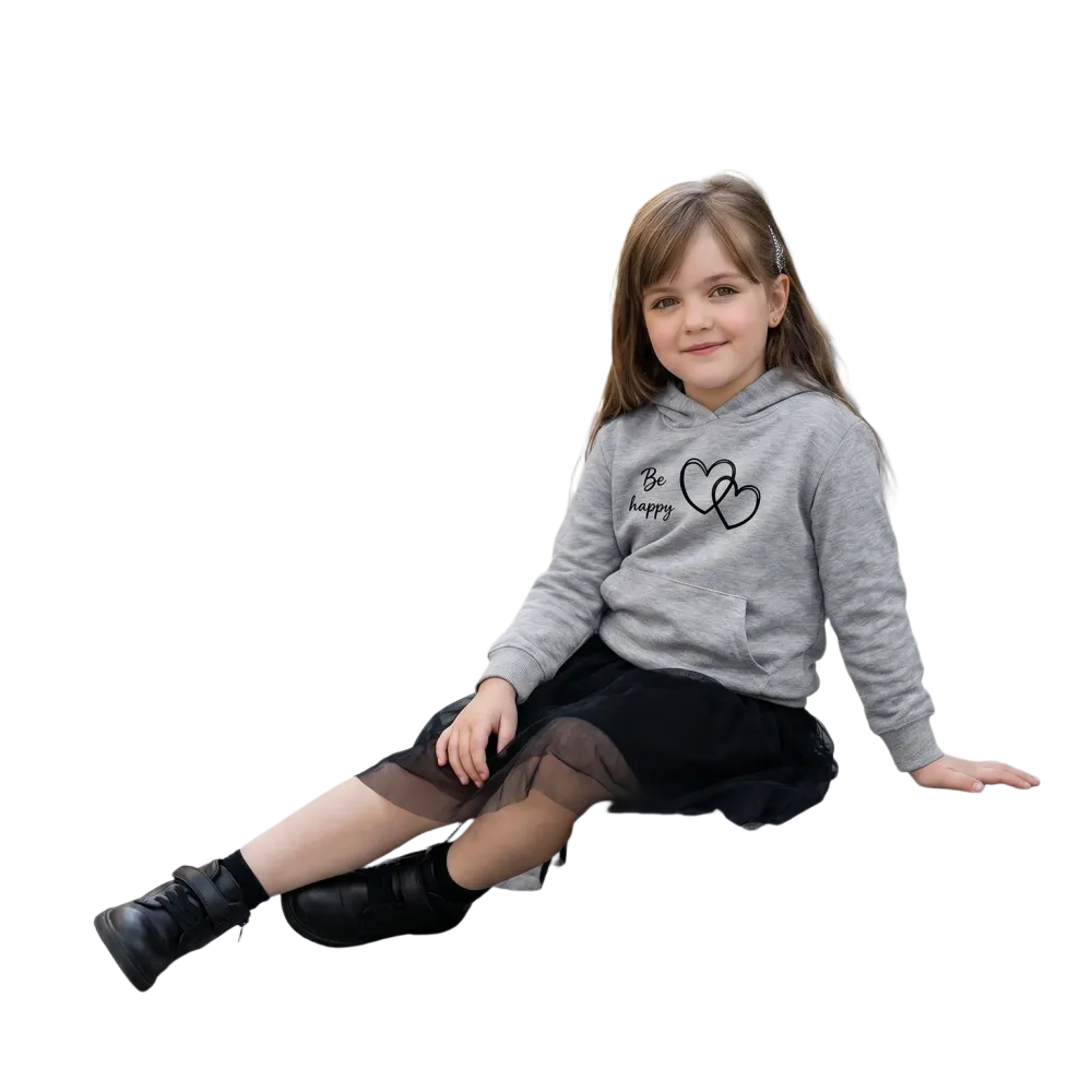 Grafik Mädchen Hoodie aus Baumwolle mit doppelter Kapuze für Kinder von 4-12 Jahren, fröhliches Be Happy Design von BUYATHOME24
