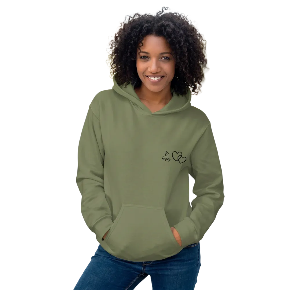 Stick Hoodie von BUYATHOME24, Unisex Kapuzenpullover aus Baumwolle mit "Be Happy" Grafik, in S bis 5XL erhältlich.