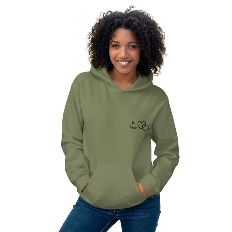 Stick Hoodie von BUYATHOME24, Unisex Kapuzenpullover aus Baumwolle mit "Be Happy" Grafik, in S bis 5XL erhältlich.