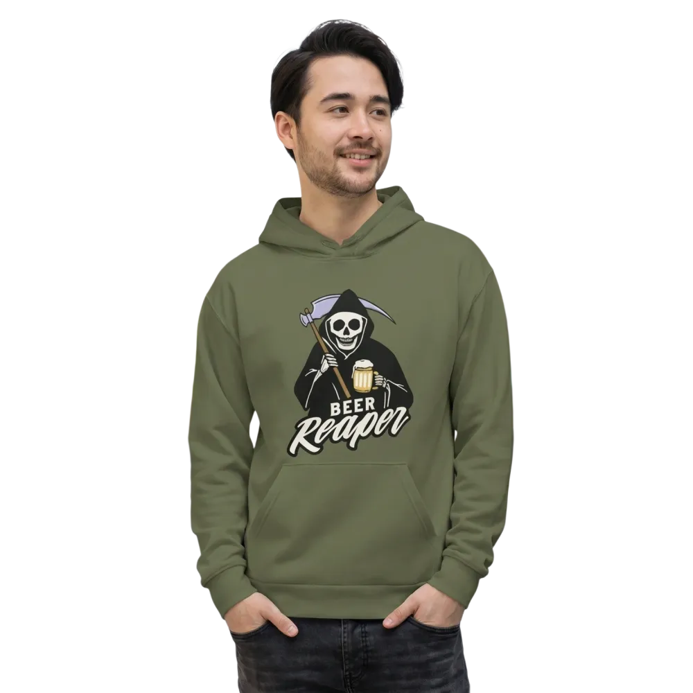 Unisex Hoodie mit Beer Reaper Rückenprint, Baumwolle, Kapuzenpullover, verfügbar in XS bis 3XL, bequemer Alltagslook.