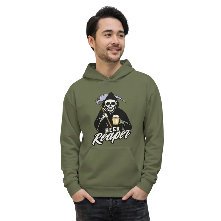 Unisex Hoodie mit Beer Reaper Rückenprint, Baumwolle, Kapuzenpullover, verfügbar in XS bis 3XL, bequemer Alltagslook.