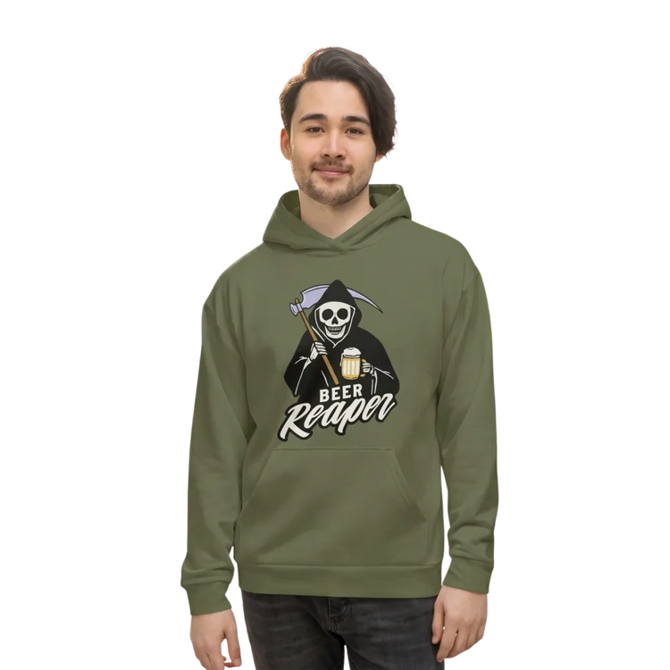 Unisex Baumwoll-Hoodie mit Reaper Rückenprint, BUYATHOME24, in XS bis 3XL, bequemes Kapuzenpullover mit auffälligem Design