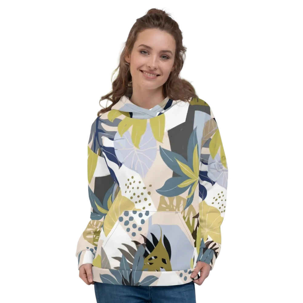 Damen Hoodie mit Blattmuster und Allover-Print, Unisex Kapuzenpullover, BUYATHOME24, schwarz-weiß, vorne sichtbar