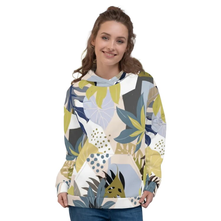 Damen Hoodie mit Blattmuster und Allover-Print, Unisex Kapuzenpullover, BUYATHOME24, schwarz-weiß, vorne sichtbar