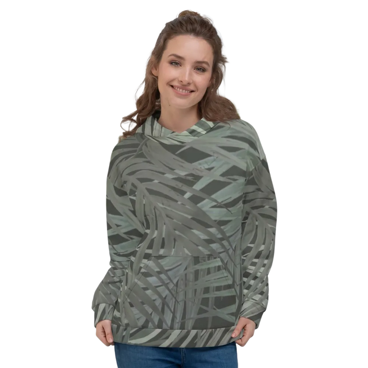 Grauer Damen-Hoodie mit Blattmuster und Allover-Print, Unisex Kapuzenpullover in XS-3XL, von BUYATHOME24.