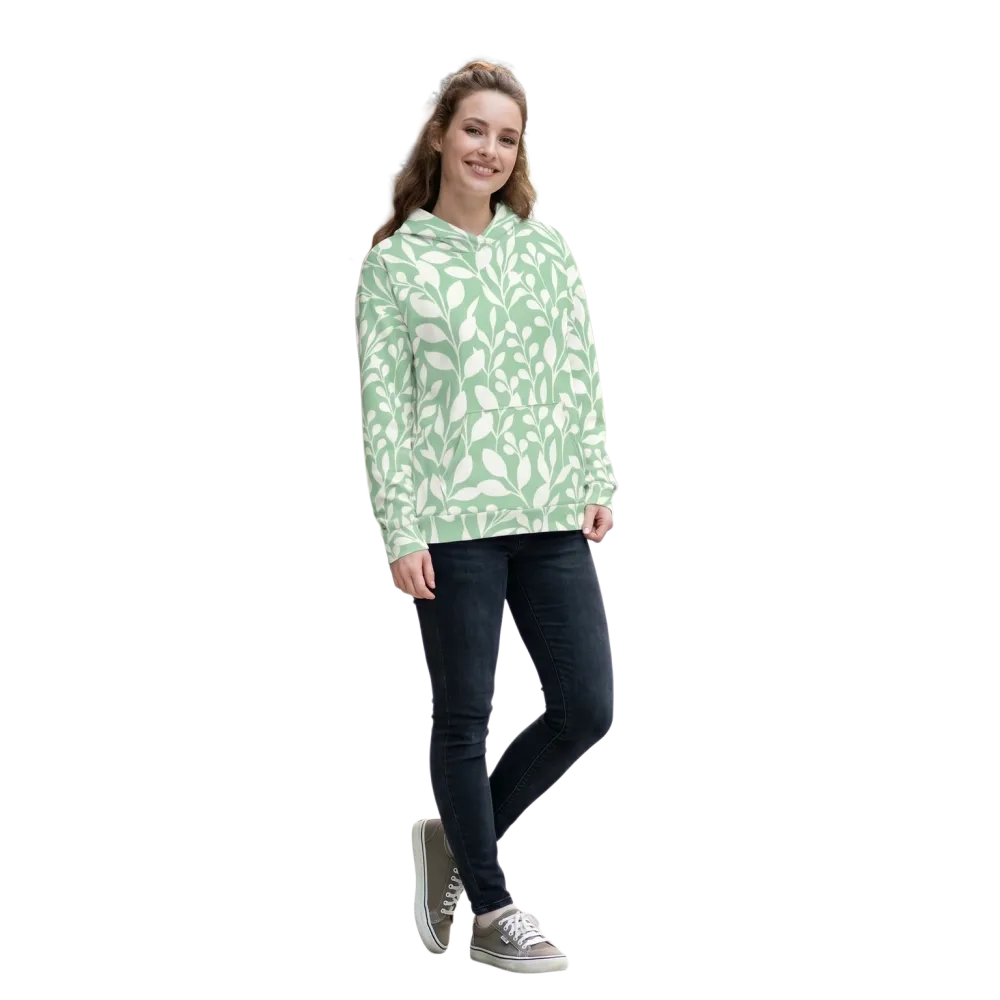 Weicher Damen Kapuzenpullover mit Blattmuster und Allover-Print, Unisex Hoodie in XS bis 3XL, bequem und modisch.