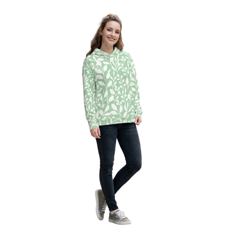 Weicher Damen Kapuzenpullover mit Blattmuster und Allover-Print, Unisex Hoodie in XS bis 3XL, bequem und modisch.