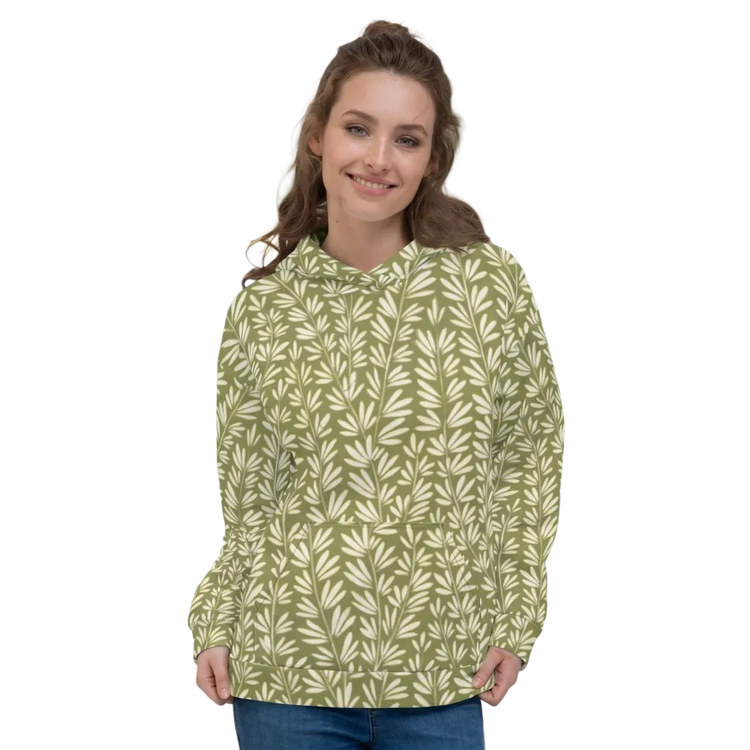 Unisex Hoodie mit Blattmuster, allover bedruckt, in XS-3XL, Damen Kapuzenpullover mit veganem Blatt-Design, bequem und stylisch