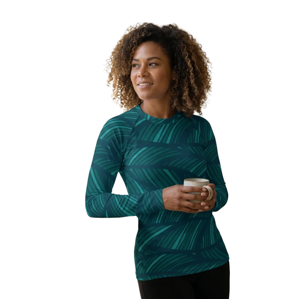 Damen Sporttop mit Blattmuster, langärmeliges Polyester-Stretch-Sportshirt in XS bis 3XL, bequem und atmungsaktiv