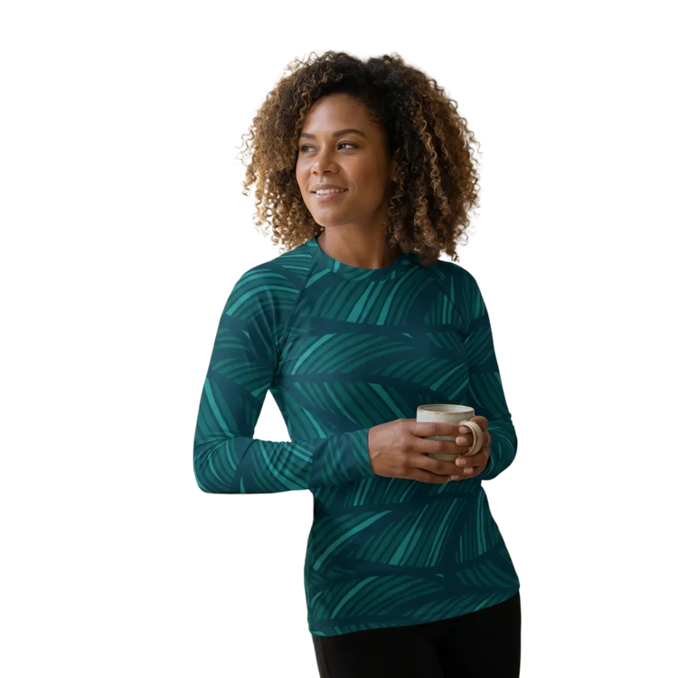 Damen Sporttop mit Blattmuster, langärmeliges Polyester-Stretch-Sportshirt in XS bis 3XL, bequem und atmungsaktiv