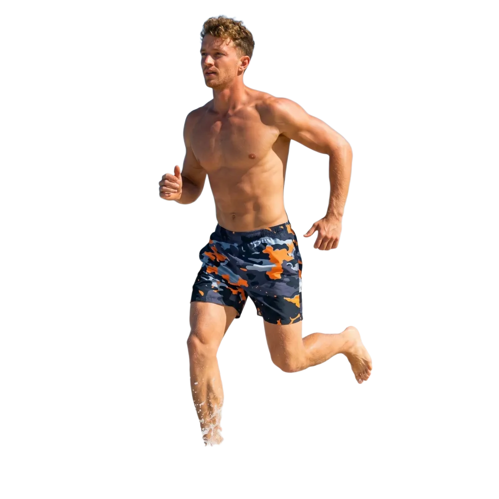 Blaue Camouflage Herren Badeshorts von BUYATHOME24, schnelltrocknend mit UV-Schutz 50+, in 2XS-6XL, mit elastischem Bund.