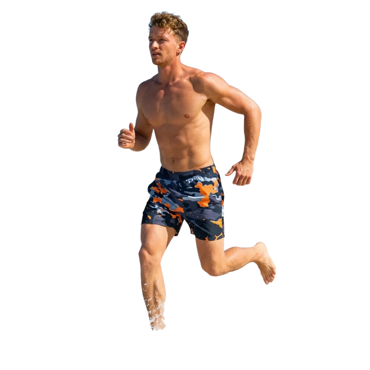 Blaue Camouflage Herren Badeshorts von BUYATHOME24, schnelltrocknend mit UV-Schutz 50+, in 2XS-6XL, mit elastischem Bund.
