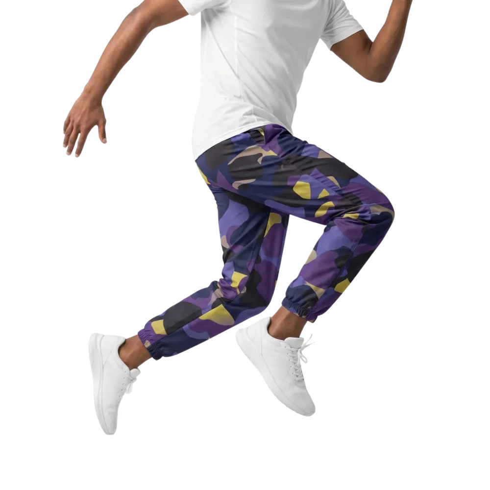 Blau Camouflage Unisex Trainingshose aus Polyester, atmungsaktiv, inXS bis 3XL, mit elastischem Bund und sportlichem Design.