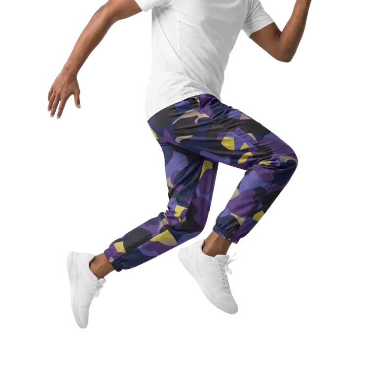 Blau Camouflage Unisex Trainingshose aus Polyester, atmungsaktiv, inXS bis 3XL, mit elastischem Bund und sportlichem Design.