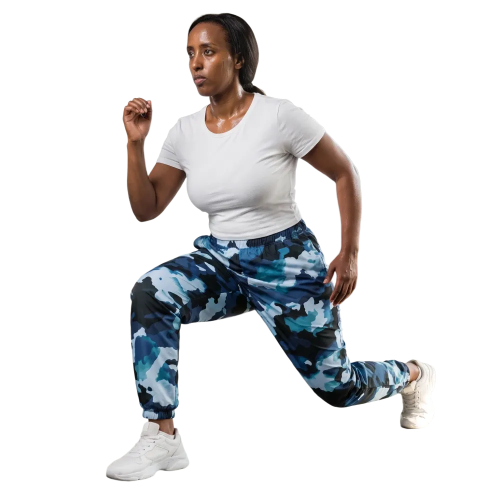 Blaue Camouflage Unisex Trainingshose aus Polyester mit Reißverschlusstaschen, erhältlich in XS bis 3XL, bequem und sportlich.