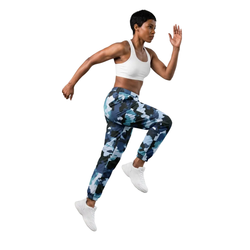 Blau Camouflage Unisex Trainingshose von BUYATHOME24, wasserabweisende Sporthose in XS bis 3XL, elastisch und bequem.