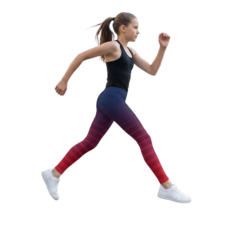 Blaue und rote gestreifte Kinder-Sport-Leggings von BUYATHOME24, UV-Schutz, Unisex, Größe 134-170 cm, bequem und sportlich