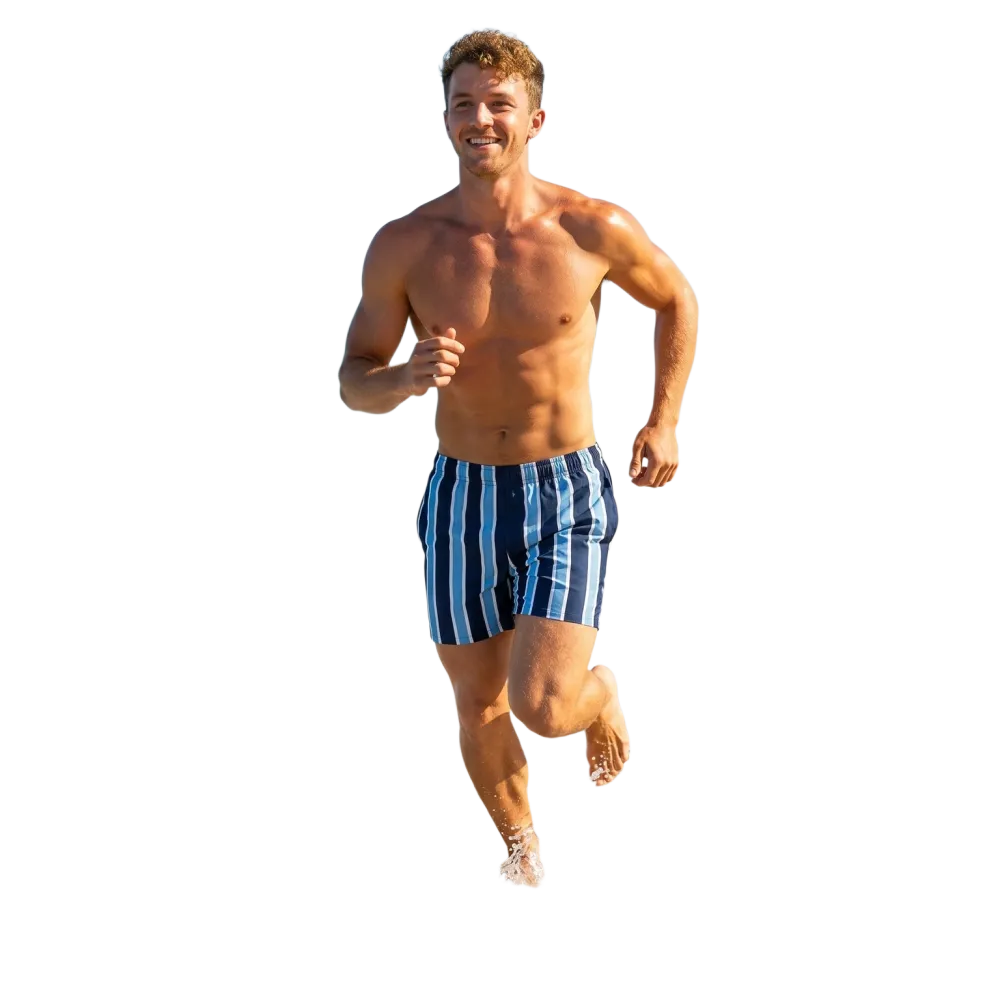 Blaue Herren Badeshorts mit Streifen, schnelltrocknend und UV-Schutz 50+, in den Größen 2XS-6XL, von BUYATHOME24.