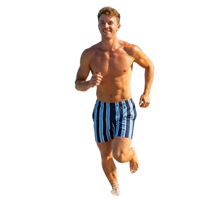 Blaue Herren Badeshorts mit Streifen, schnelltrocknend und UV-Schutz 50+, in den Größen 2XS-6XL, von BUYATHOME24.
