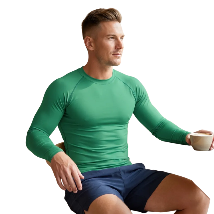 Blaues Herren Langarm Sportshirt von BUYATHOME24, sportlich, atmungsaktiv, in XS-3XL, personalisierbar, ideal für Training und Freizeit.