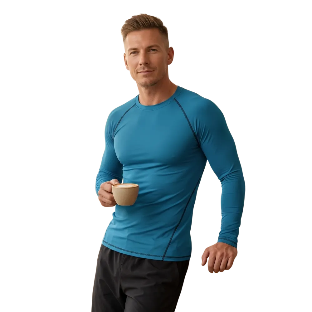 Blaues unisex Laufshirt von BUYATHOME24, atmungsaktiv, langärmlig, bedruckbar, für Sport und Freizeit, in XS bis 3XL