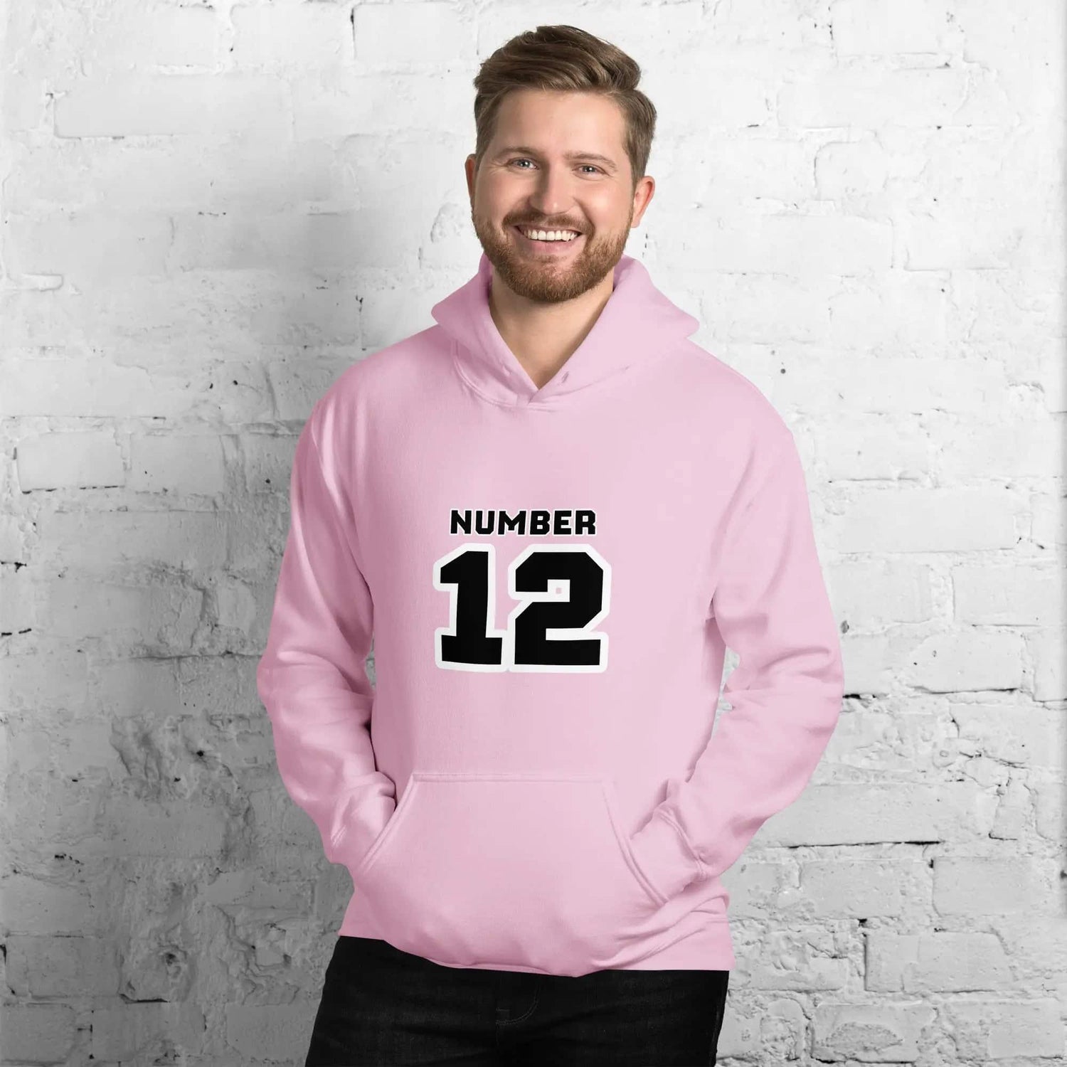 Herren und Damen Hoodie mit Nummer 12 Grafik in Hellpink, Unisex Kapuzenpullover, BUYATHOME24, S-5XL