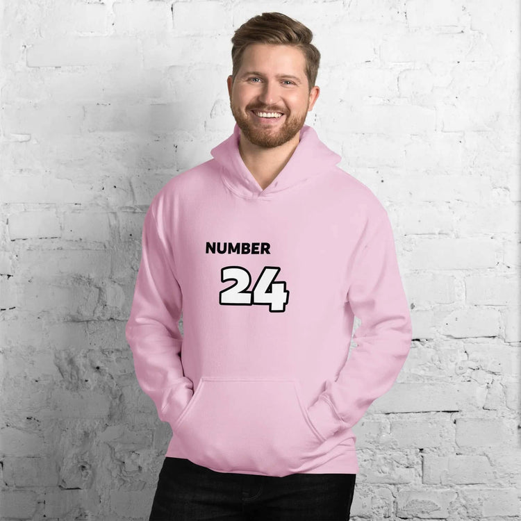 Herren- und Damen-Grafik-Hoodie in Hellpink, Baumwolle, unisex, mit Nummer 24 Druck, Größe S bis 5XL, von BUYATHOME24