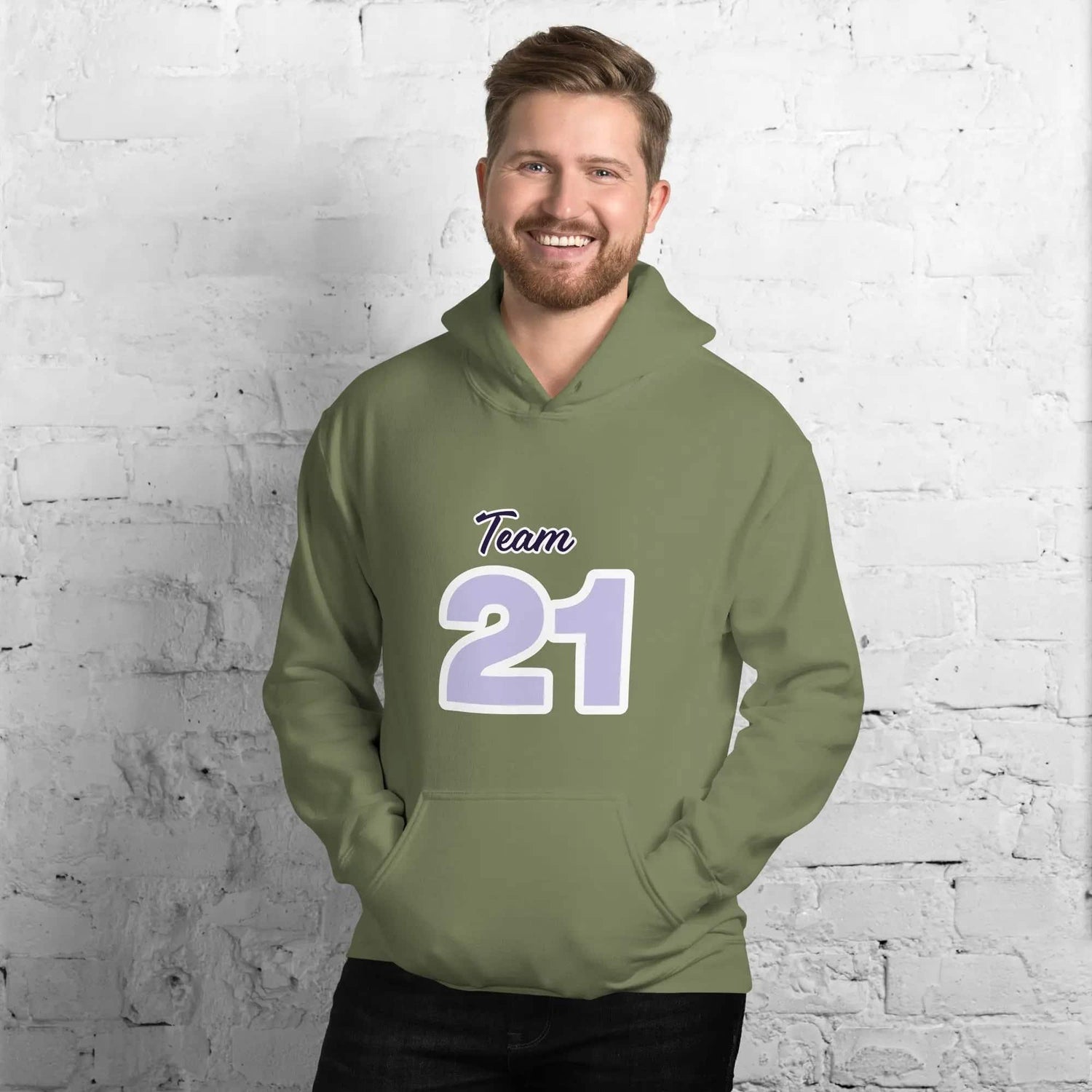 Militärgrüner Herren- und Damen-Hoodie von BUYATHOME24, bequemes Kapuzenpullover in Größe S bis 5XL, mit Druck.