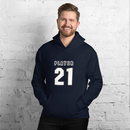 Navy blauer Herren- und Damen-Hoodie von BUYATHOME24, aus 100% Baumwolle, mit Druck, in Größe S bis 5XL.